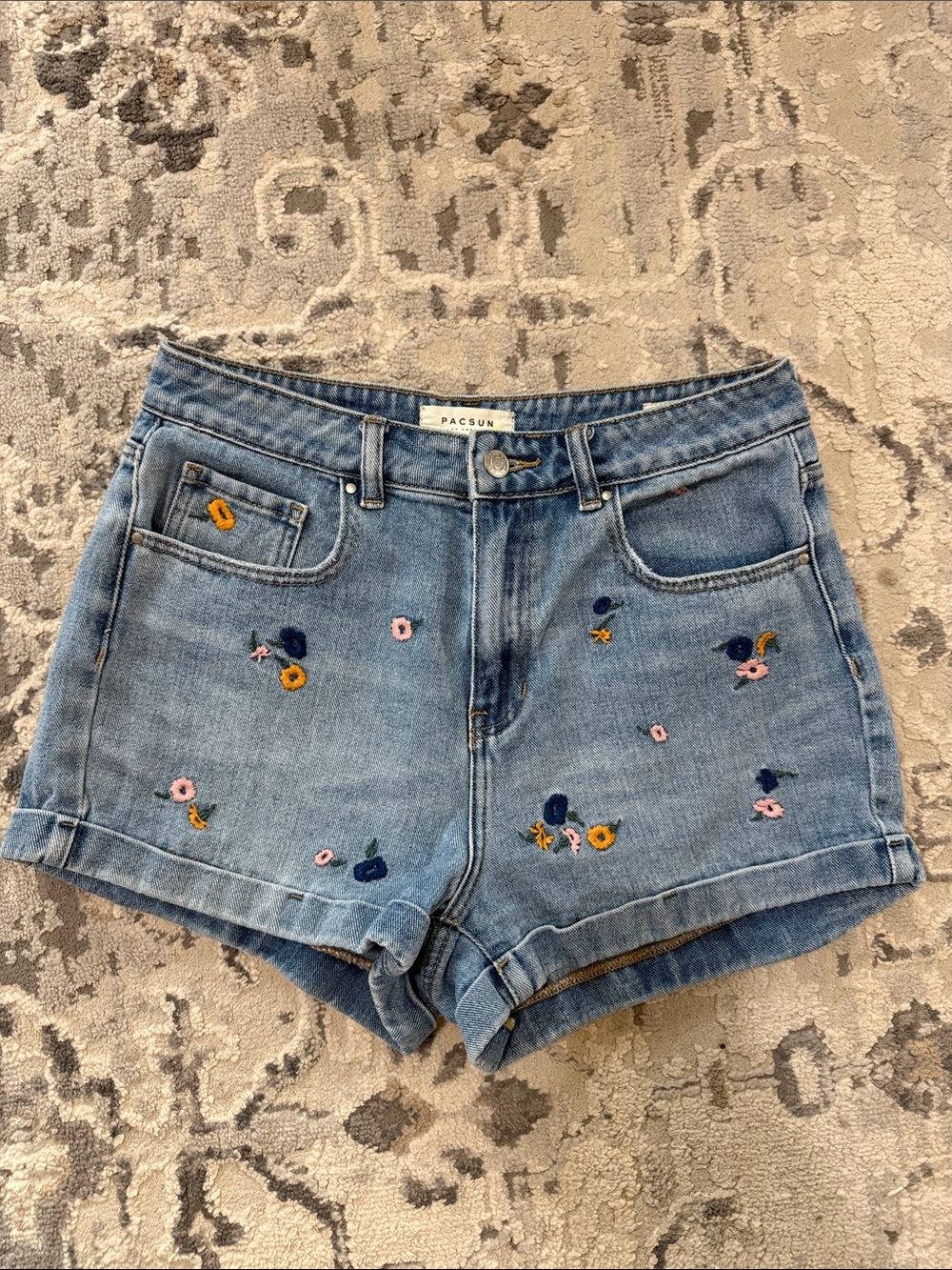 PacSun Light Blue Denim Shorts with Multicolor Floral Embroidery